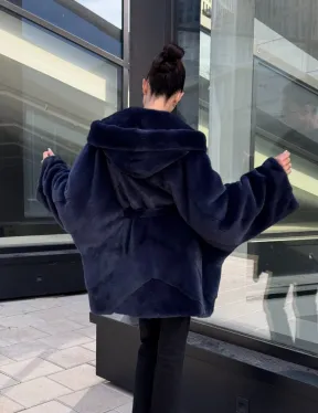 Шуба летучая мышь с капюшоном цвет аквамарин - паркетная раскладка