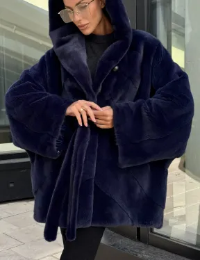 Шуба летучая мышь с капюшоном цвет аквамарин - паркетная раскладка