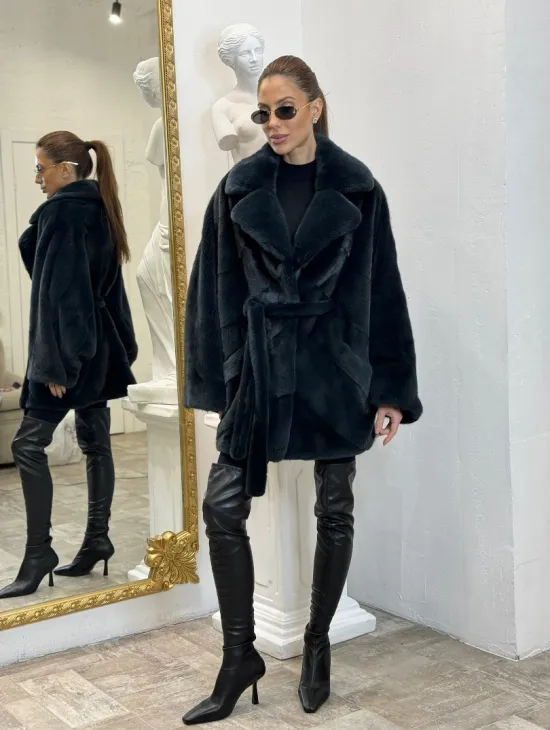 Шуба летучая мышь английский воротник, паркет мех NAFA - цвет черный изумруд