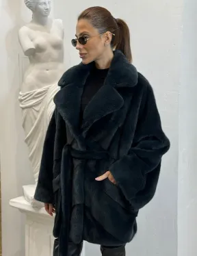 Шуба летучая мышь английский воротник, паркет мех NAFA - цвет черный изумруд