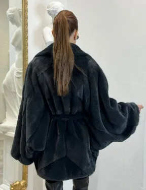 Шуба летучая мышь английский воротник, паркет мех NAFA - цвет черный изумруд