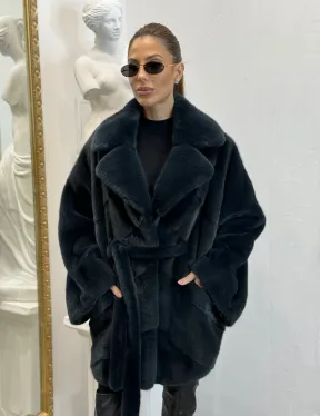 Шуба летучая мышь английский воротник, паркет мех NAFA - цвет черный изумруд