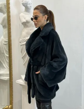 Шуба летучая мышь английский воротник, паркет мех NAFA - цвет черный изумруд