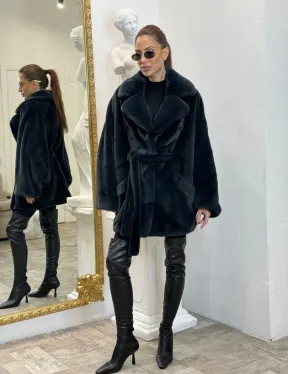 Шуба летучая мышь английский воротник, паркет мех NAFA - цвет черный изумруд