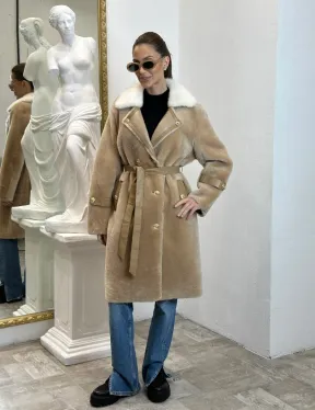 Дубленка из овчины с белым мехом норки - цвет бежевый