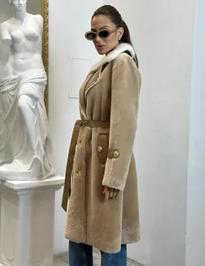 Дубленка из овчины с белым мехом норки - цвет бежевый