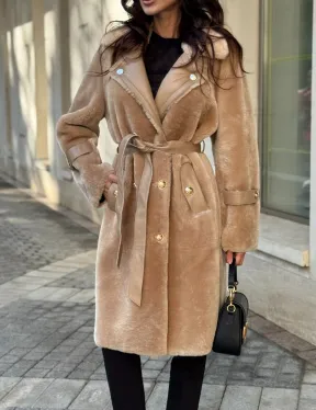 Дубленка из овчины с норковым воротником - цвет бежевый