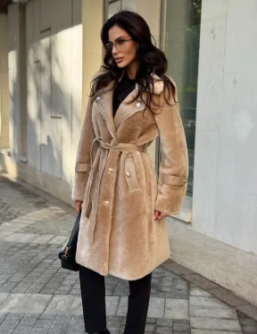 Дубленка из овчины с норковым воротником - цвет бежевый