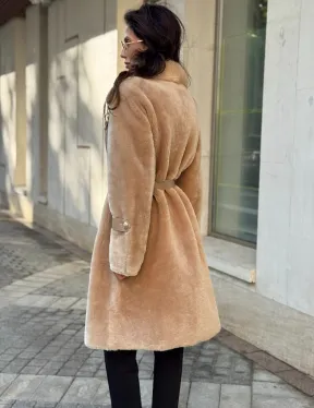 Дубленка из овчины с норковым воротником - цвет бежевый