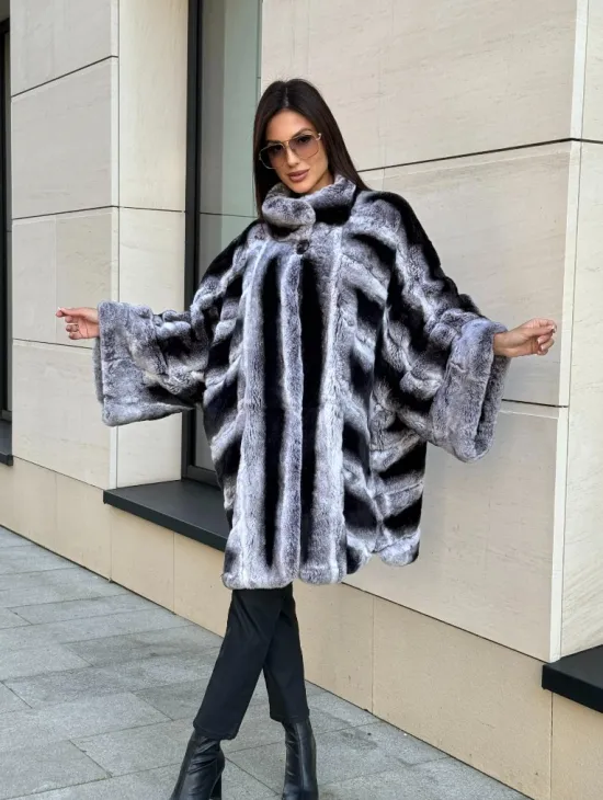 Шуба из кролика рекс стойка воротник - цвет шиншилла