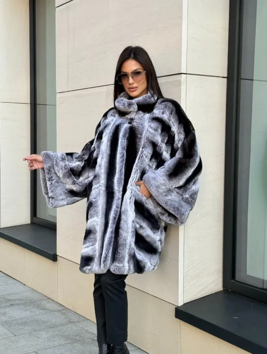Шуба из кролика рекс стойка воротник - цвет шиншилла