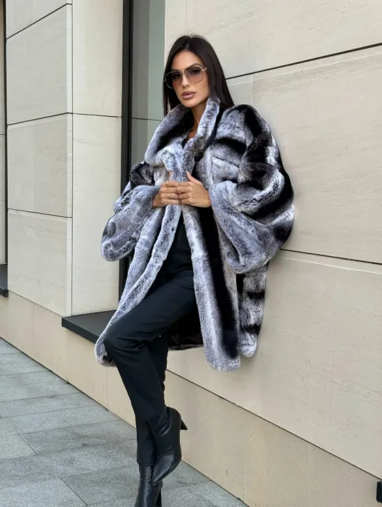 Шуба из кролика рекс стойка воротник - цвет шиншилла