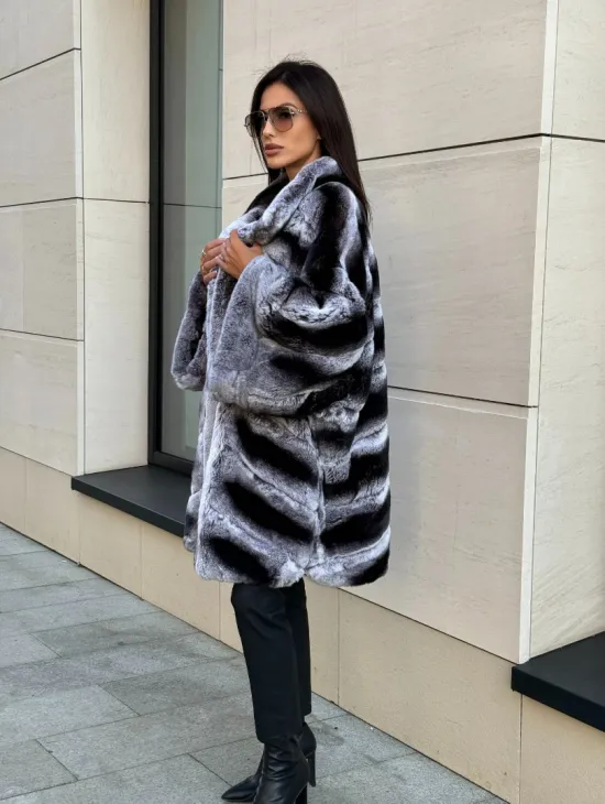 Шуба из кролика рекс стойка воротник - цвет шиншилла