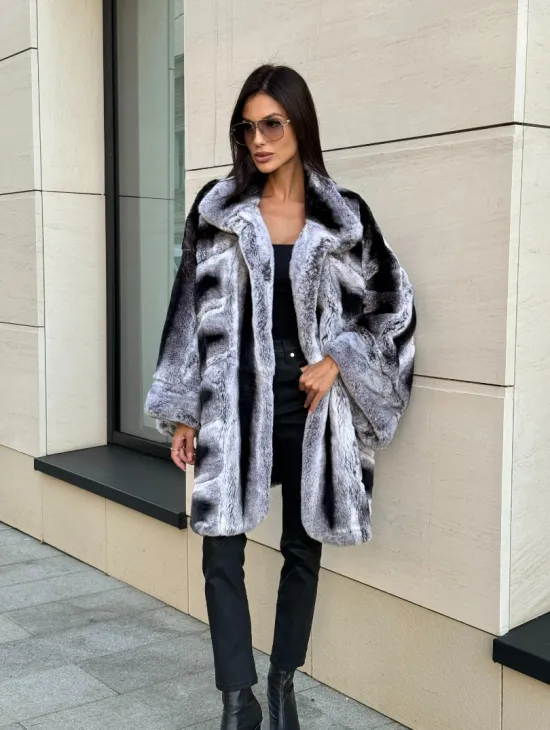 Шуба из кролика рекс стойка воротник - цвет шиншилла