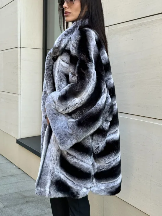 Шуба из кролика рекс стойка воротник - цвет шиншилла