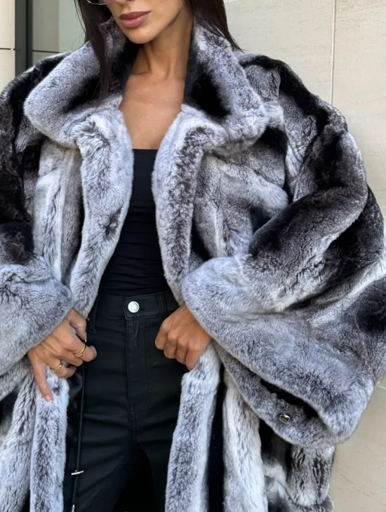 Шуба из кролика рекс стойка воротник - цвет шиншилла