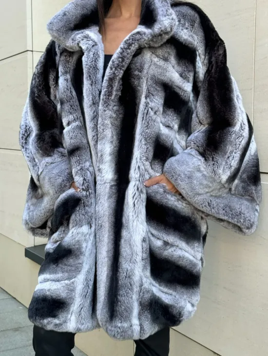 Шуба из кролика рекс стойка воротник - цвет шиншилла