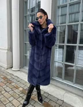 Шуба паркет из меха норки с капюшоном - цвет черника