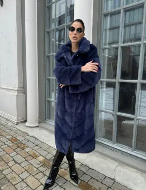 Шуба паркет из меха норки с капюшоном - цвет черника