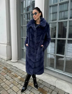 Шуба паркет из меха норки с капюшоном - цвет черника