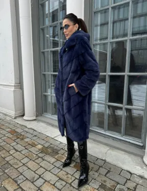 Шуба паркет из меха норки с капюшоном - цвет черника