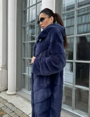 Шуба паркет из меха норки с капюшоном - цвет черника