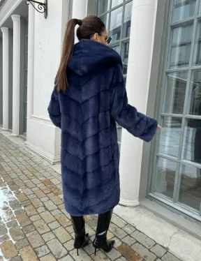 Шуба паркет из меха норки с капюшоном - цвет черника