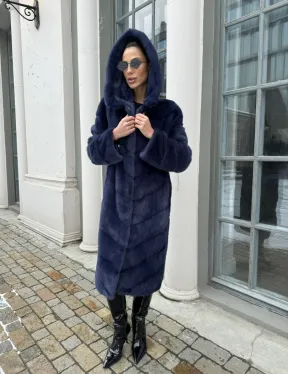 Шуба паркет из меха норки с капюшоном - цвет черника