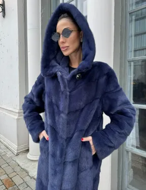 Шуба паркет из меха норки с капюшоном - цвет черника