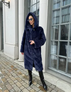 Шуба паркет из меха норки с капюшоном - цвет черника