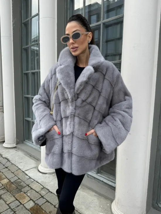 Норковый полушубок паркет английский воротник - цвет серый сапфир