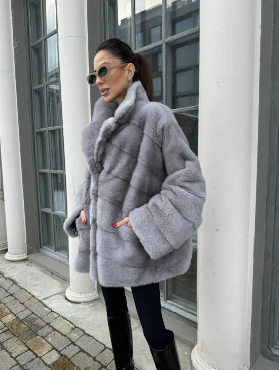 Норковый полушубок паркет английский воротник - цвет серый сапфир