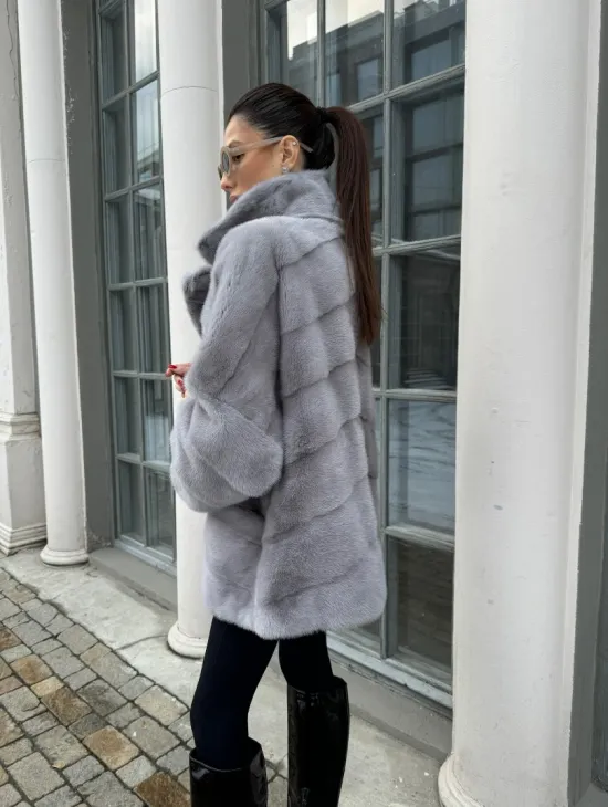 Норковый полушубок паркет английский воротник - цвет серый сапфир