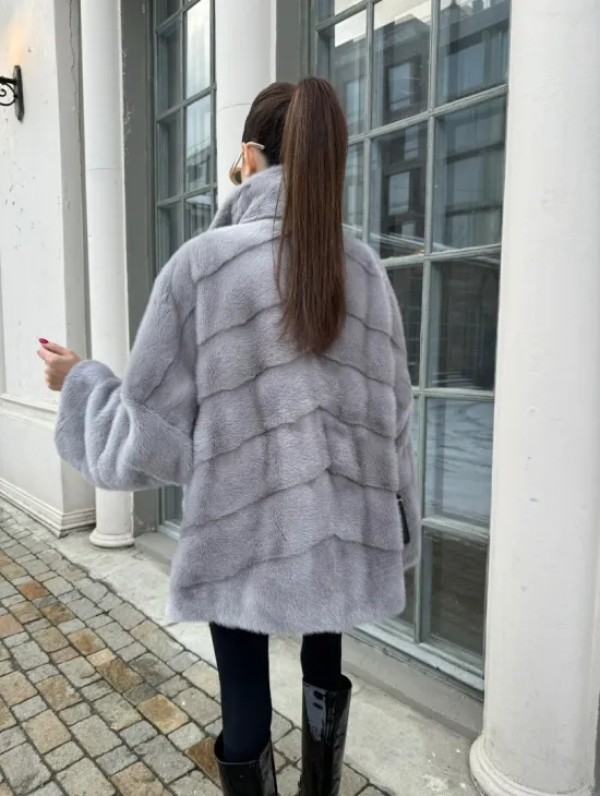 Норковый полушубок паркет английский воротник - цвет серый сапфир