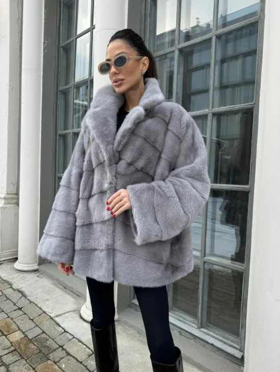 Норковый полушубок паркет английский воротник - цвет серый сапфир