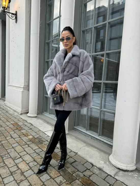 Норковый полушубок паркет английский воротник - цвет серый сапфир