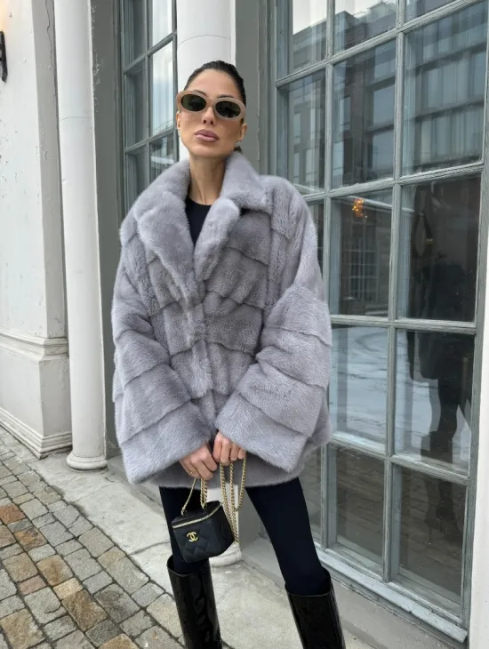 Норковый полушубок паркет английский воротник - цвет серый сапфир