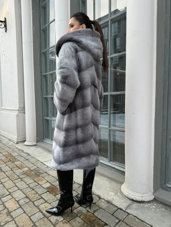 Шуба норковая с капюшоном, паркет - цвет графит-хамелеон