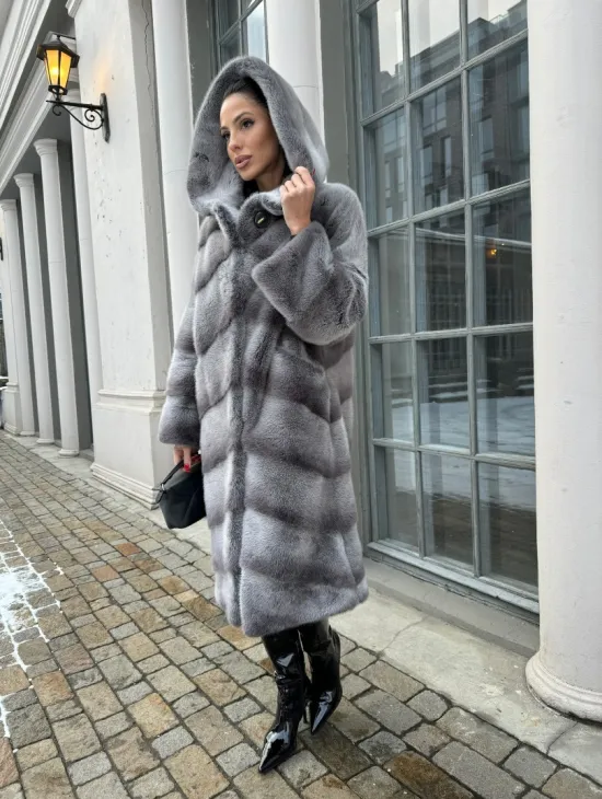 Шуба норковая с капюшоном, паркет - цвет графит-хамелеон