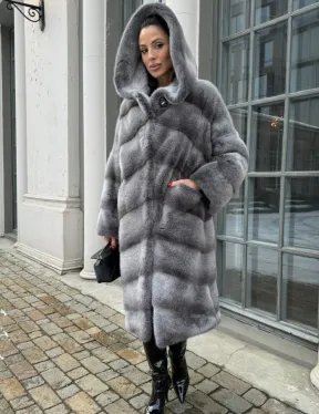 Шуба норковая с капюшоном, паркет - цвет графит-хамелеон
