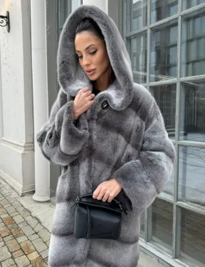 Шуба норковая с капюшоном, паркет - цвет графит-хамелеон