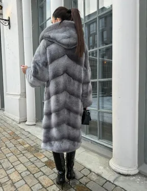 Шуба норковая с капюшоном, паркет - цвет графит-хамелеон
