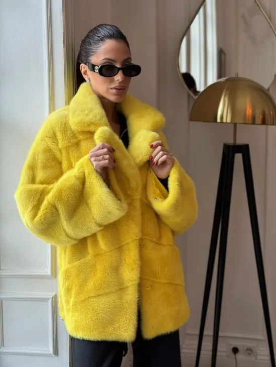 Норковый полушубок английский воротник, паркет - цвет лимонный