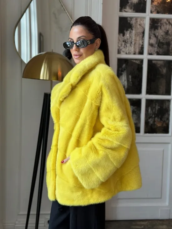 Норковый полушубок английский воротник, паркет - цвет лимонный