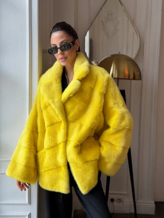 Норковый полушубок английский воротник, паркет - цвет лимонный