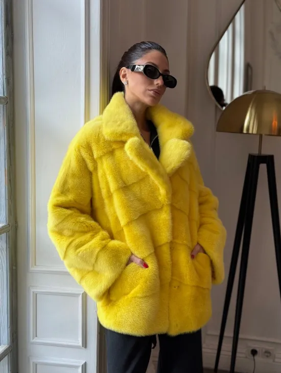 Норковый полушубок английский воротник, паркет - цвет лимонный