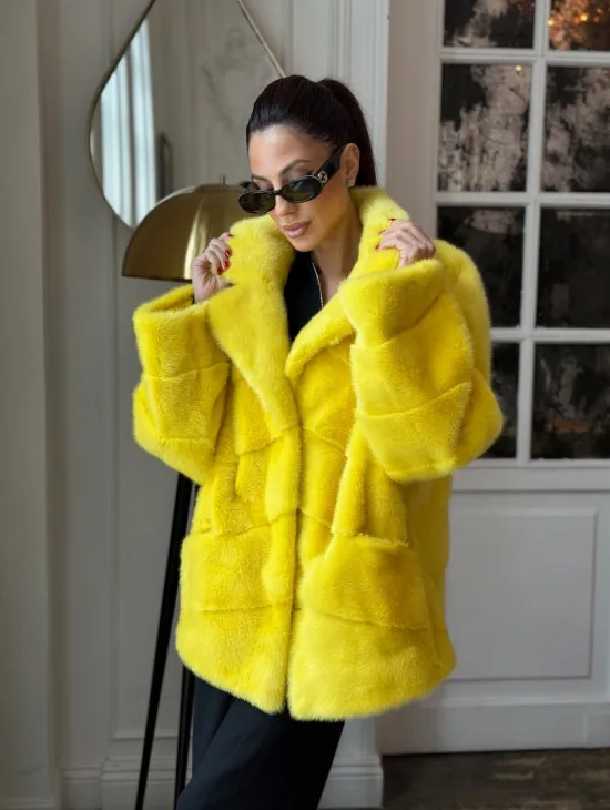 Норковый полушубок английский воротник, паркет - цвет лимонный