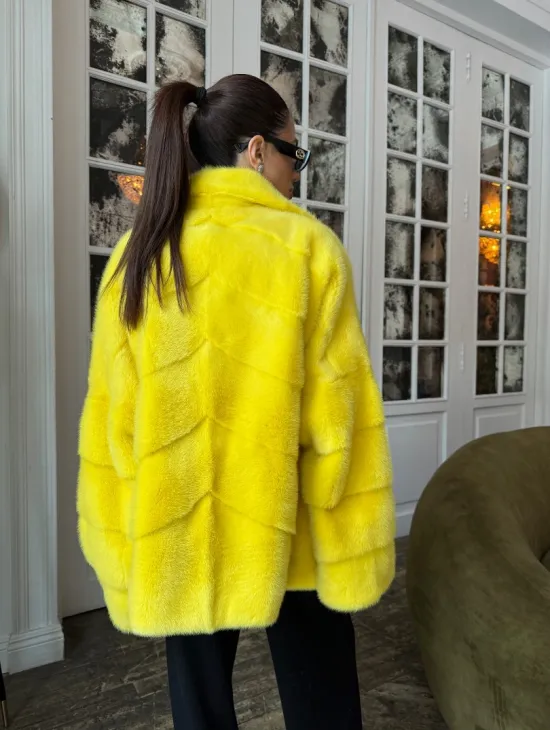 Норковый полушубок английский воротник, паркет - цвет лимонный