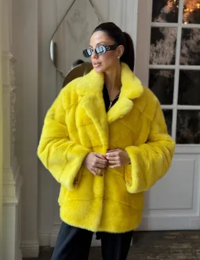 Норковый полушубок английский воротник, паркет - цвет лимонный