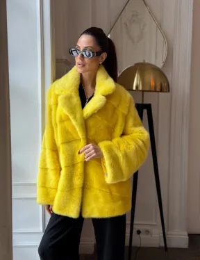Норковый полушубок английский воротник, паркет - цвет лимонный